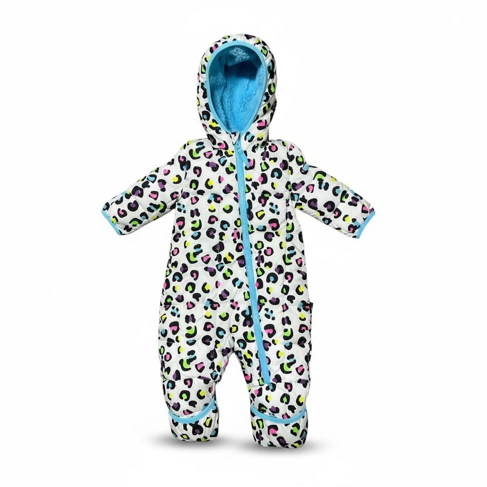 🐆 Spyder Baby Snowsuit | Size 3–6M | Fuzzy Blue Lining & Neon Leopard Print